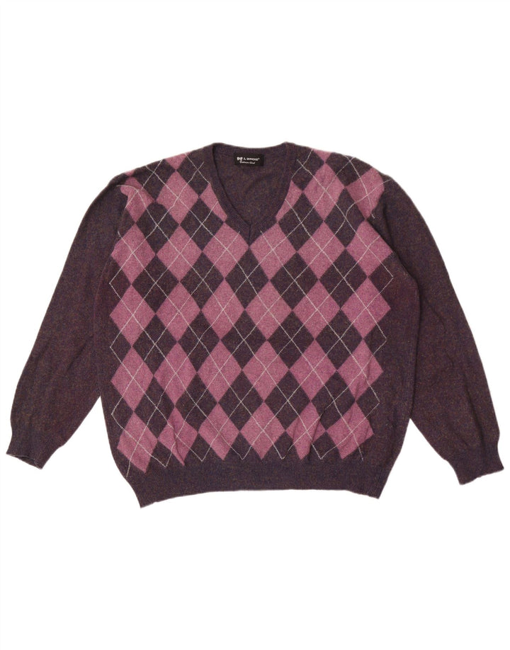 Il Granchio Mens V-Neck Jumper Sweater Large Purple Argyle/Diamond