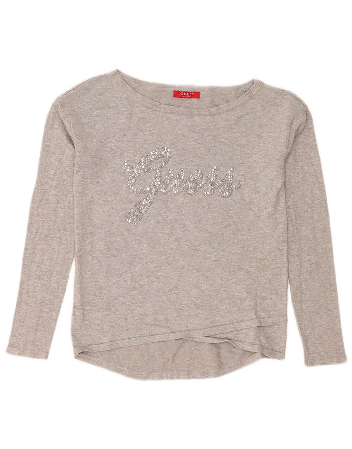 Guess Womens Graphic Top Long Sleeve UK 10 Small Grey Viscose