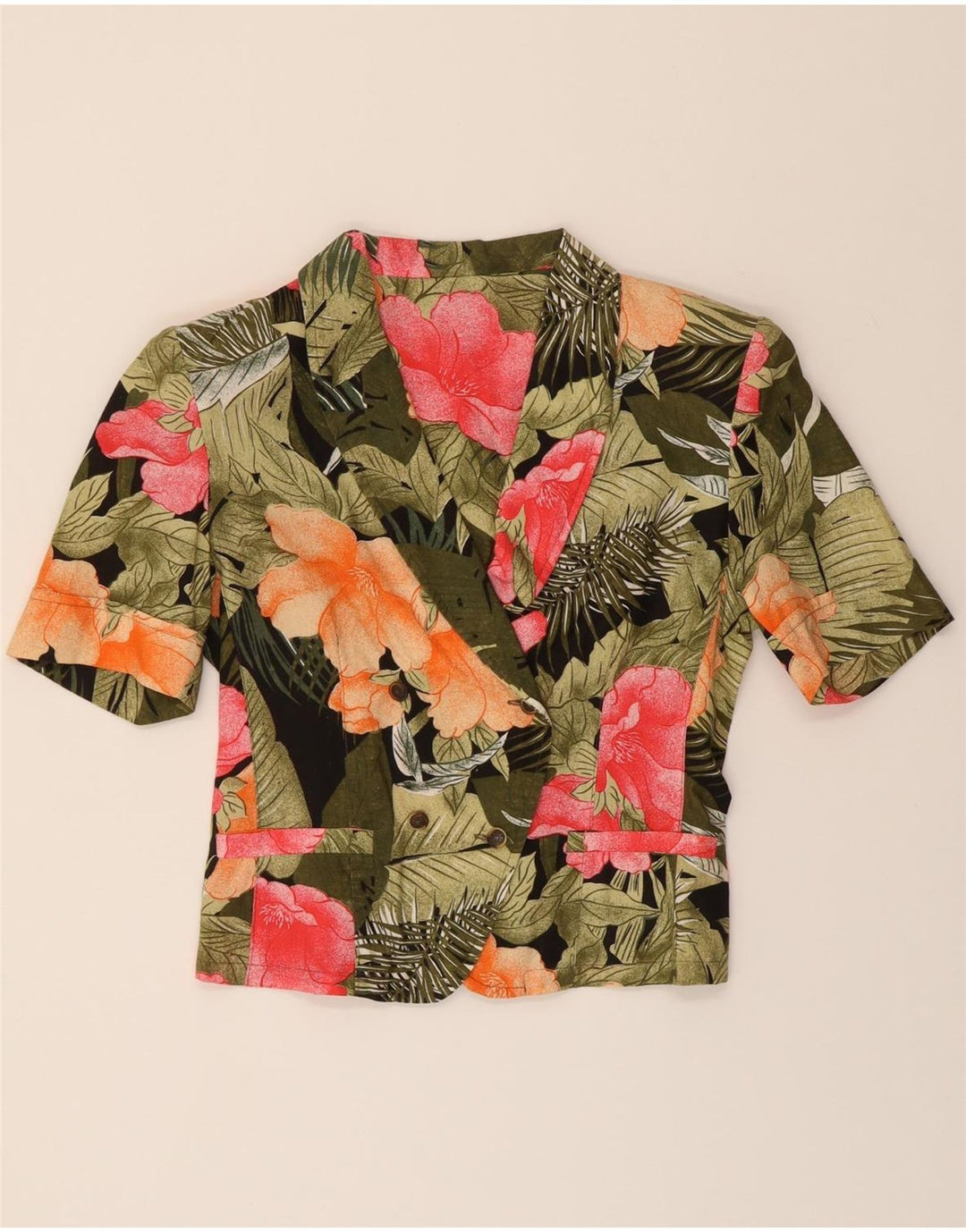 VINTAGE Womens Double Breasted Blazer Jacket UK 12 Medium Khaki Floral Vintage Vintage and Second-Hand Vintage from Messina Hembry 