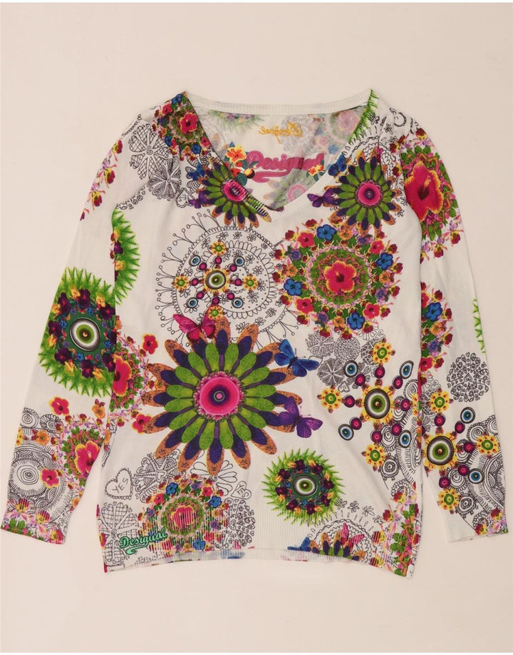 Desigual Womens V-Neck Jumper Sweater UK 14 Medium Multicoloured Floral