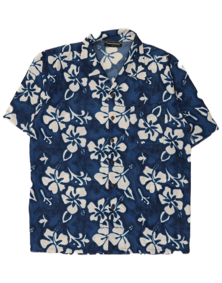 Vintage Mens Short Sleeve Shirt Small Blue Floral Polyester