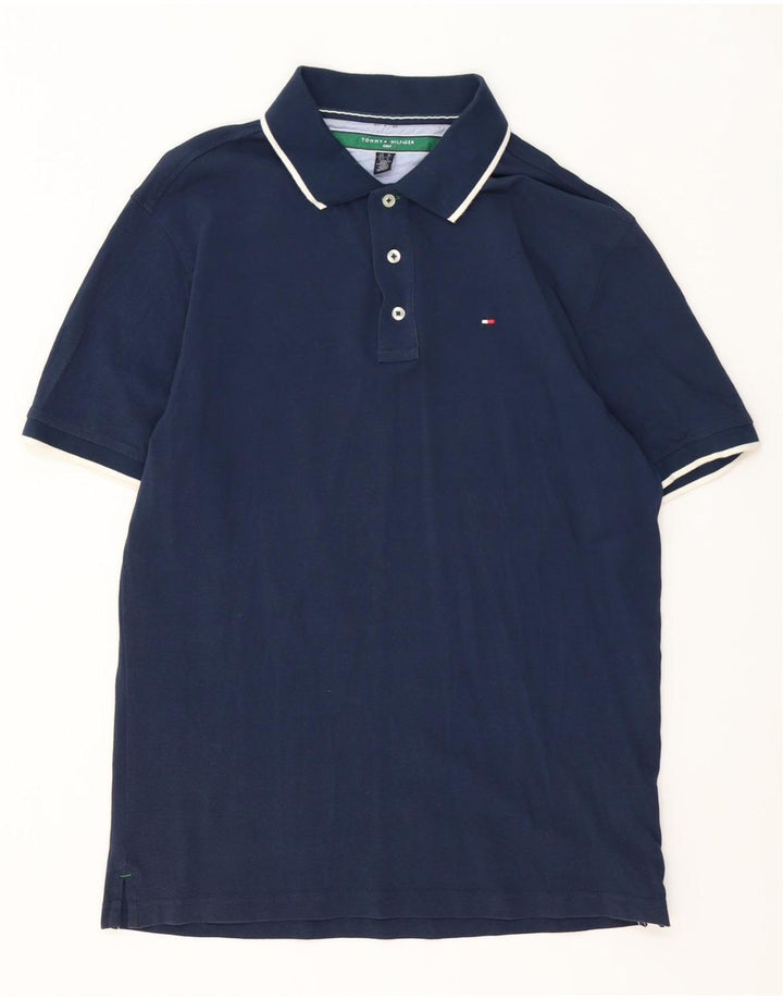 Tommy Hilfiger Mens Polo Shirt Medium Navy Blue Striped Cotton