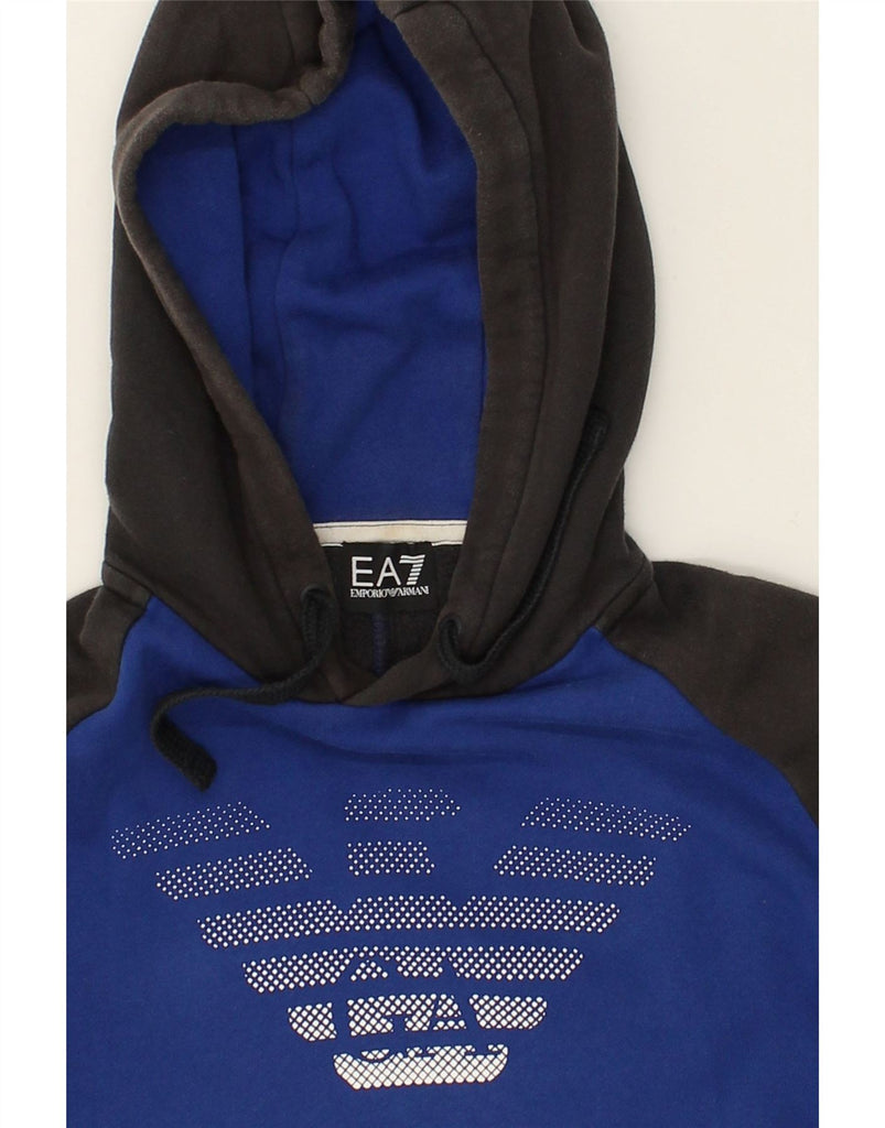 EMPORIO ARMANI Womens Graphic Hoodie Jumper UK 16 Large Blue Colourblock | Vintage Emporio Armani | Thrift | Second-Hand Emporio Armani | Used Clothing | Messina Hembry 