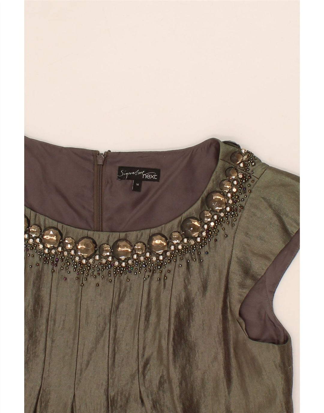 NEXT Womens Sheath Dress UK 14 Large Khaki Viscose Vintage Next and Second-Hand Next from Messina Hembry 