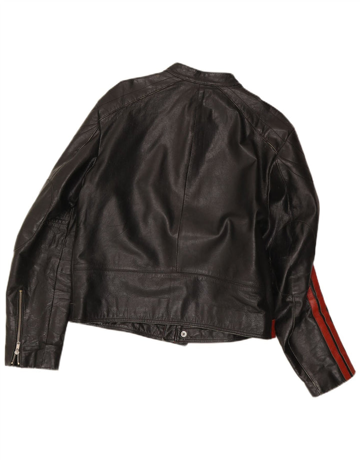 Brogden Mens Crop Graphic Leather Jacket UK 42 XL Black Colourblock