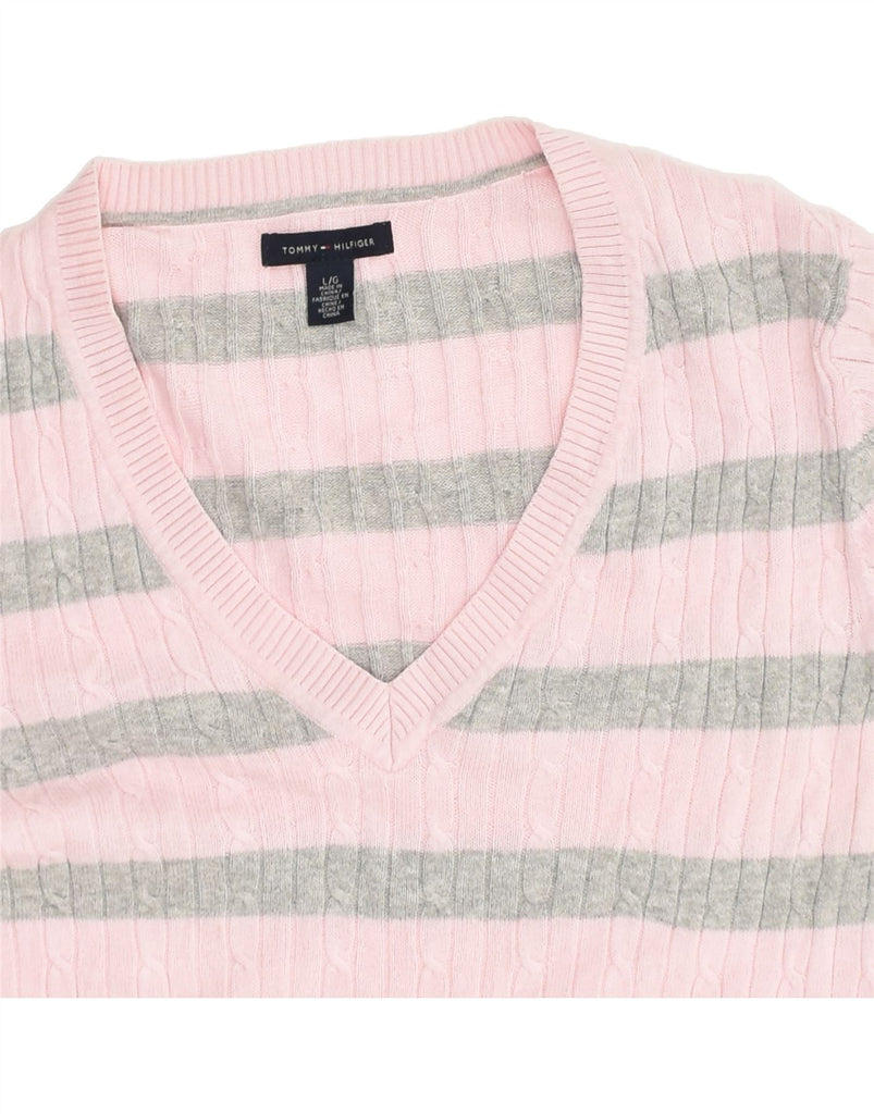 TOMMY HILFIGER Womens V-Neck Jumper Sweater UK 14 Large Pink Striped | Vintage Tommy Hilfiger | Thrift | Second-Hand Tommy Hilfiger | Used Clothing | Messina Hembry 