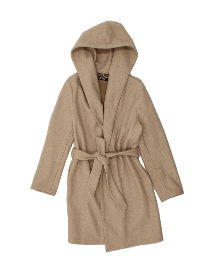 ZARA Womens Hooded Overcoat UK 14 Medium Beige Polyester Vintage Zara and Second-Hand Zara from Messina Hembry 