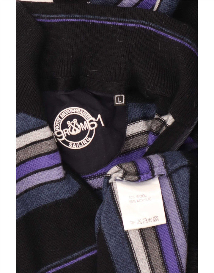 Vintage Mens Zip Neck Jumper Sweater Large Black Striped Wool