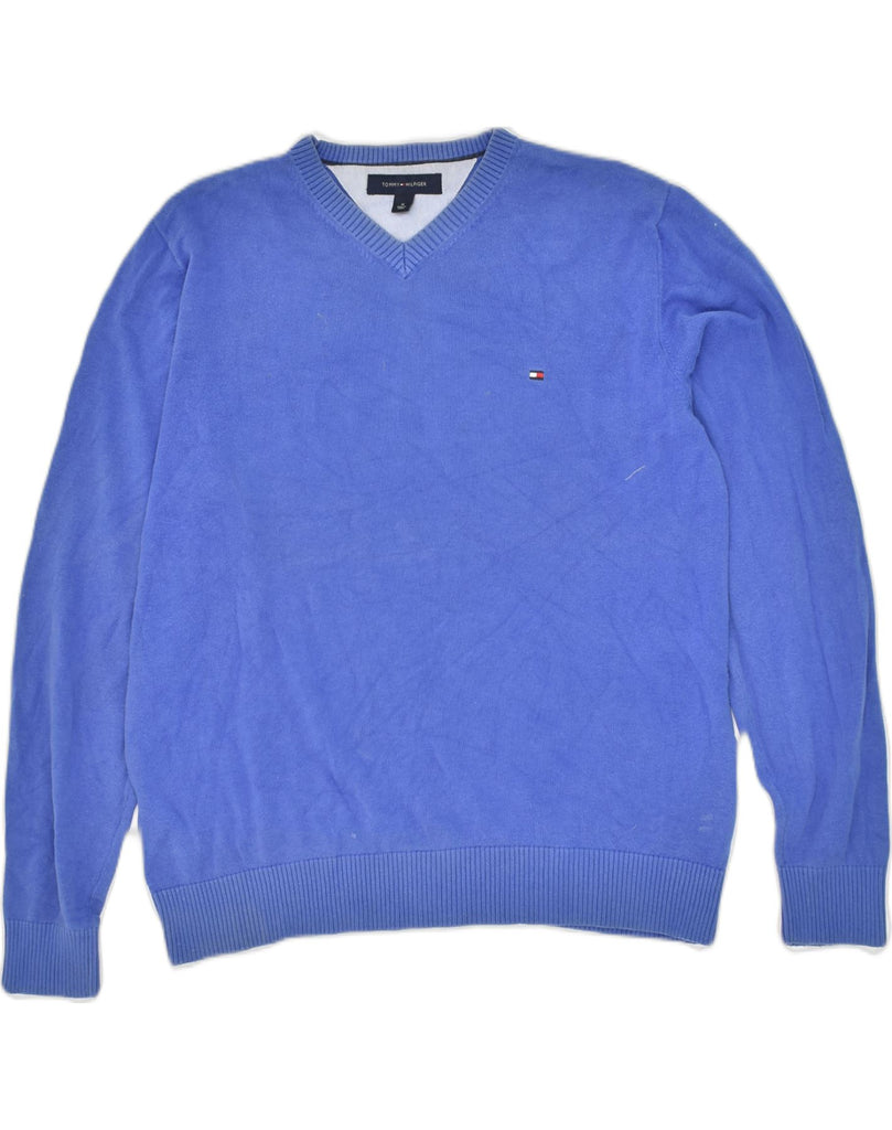 TOMMY HILFIGER Mens V-Neck Jumper Sweater Medium Blue Cotton | Vintage Tommy Hilfiger | Thrift | Second-Hand Tommy Hilfiger | Used Clothing | Messina Hembry 