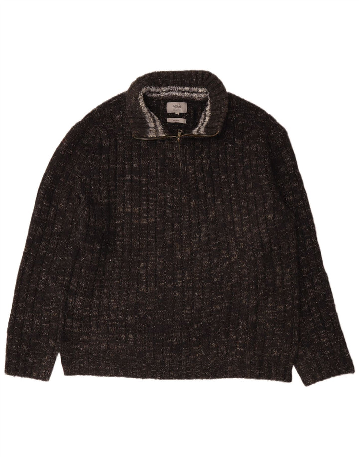 Marks & Spencer Mens Zip Neck Jumper Sweater Large Grey Flecked Wool