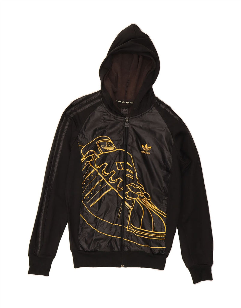 ADIDAS Womens Oversized Graphic Zip Hoodie Sweater UK 10 Small Black Vintage Adidas and Second-Hand Adidas from Messina Hembry 
