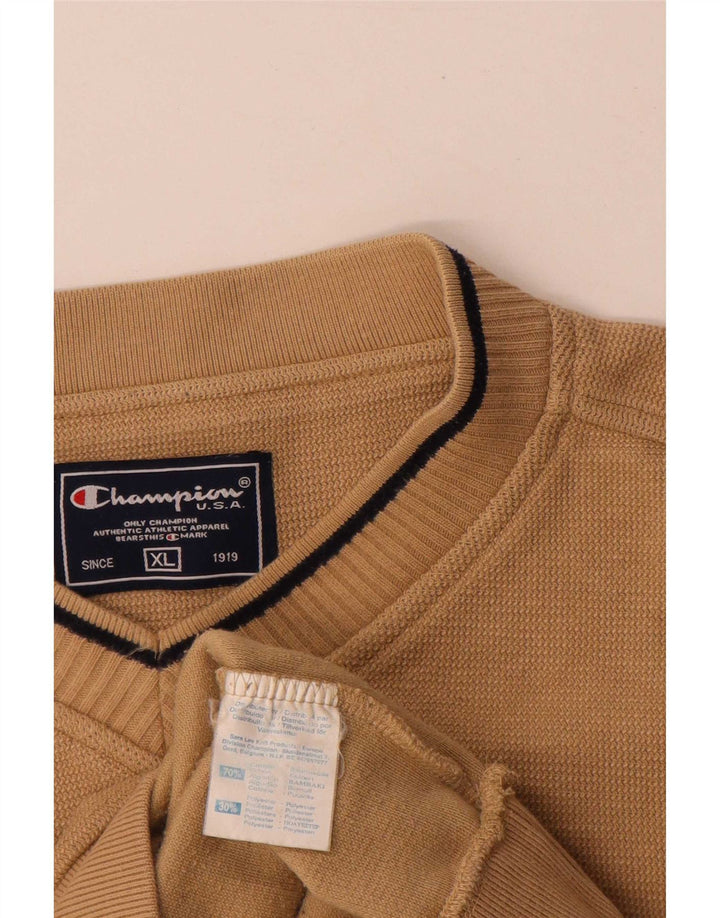 Champion Mens V-Neck Jumper Sweater XL Beige Cotton