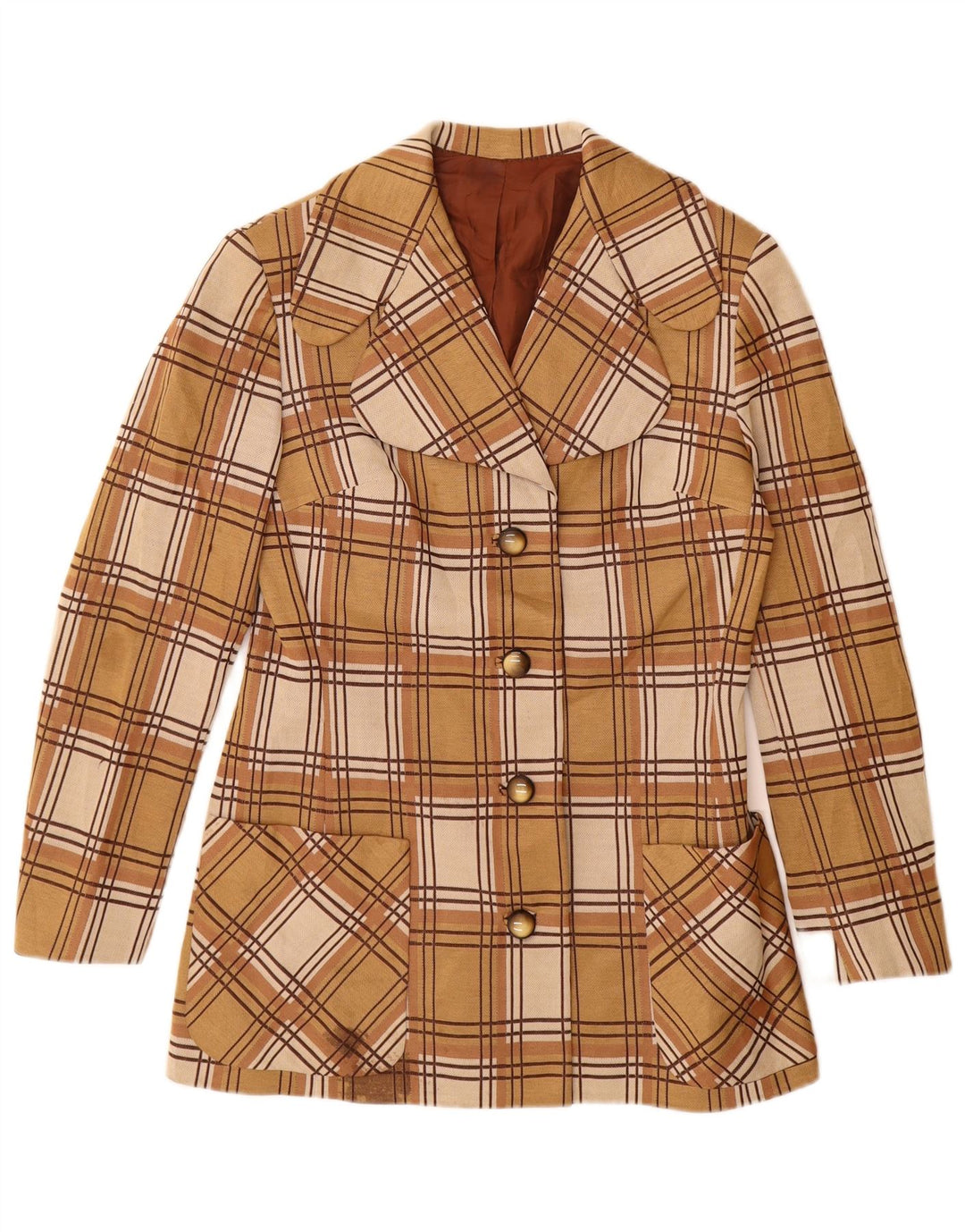 Vintage Womens 4 Button Blazer Jacket UK 12 Medium Beige Check