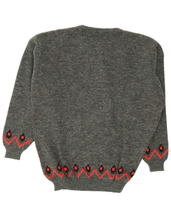 Vintage Mens Crew Neck Jumper Sweater Large Grey Geometric Polyacrylic