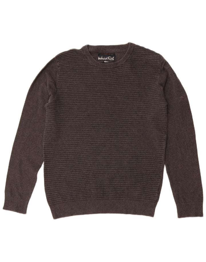 Weird Fish Womens Crew Neck Jumper Sweater UK 14 Medium Grey Striped Cotton