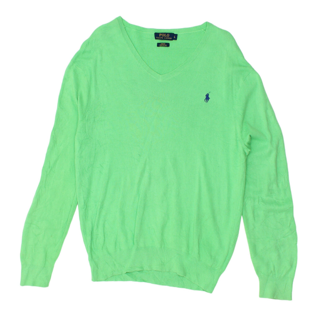 Polo Ralph Lauren Mens Green Knit V Neck Jumper | Vintage Designer Sweater VTG | Vintage Messina Hembry | Thrift | Second-Hand Messina Hembry | Used Clothing | Messina Hembry 