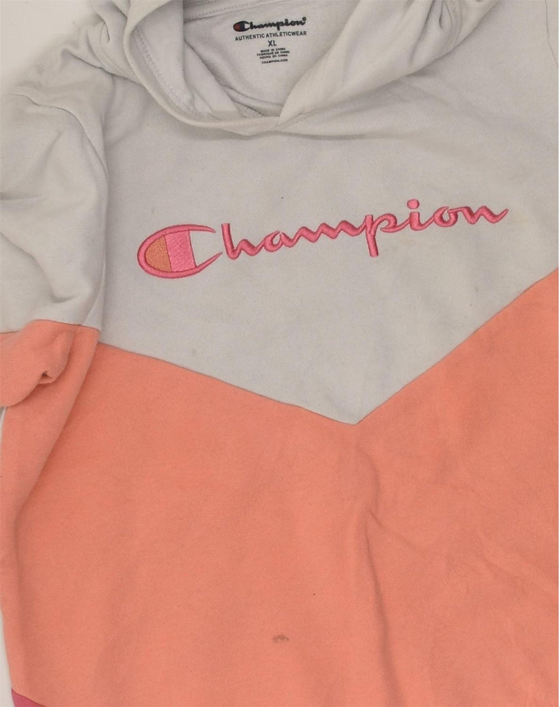 CHAMPION Girls Hoodie Jumper 12-13 Years XL Grey Colourblock Cotton | Vintage Champion | Thrift | Second-Hand Champion | Used Clothing | Messina Hembry 