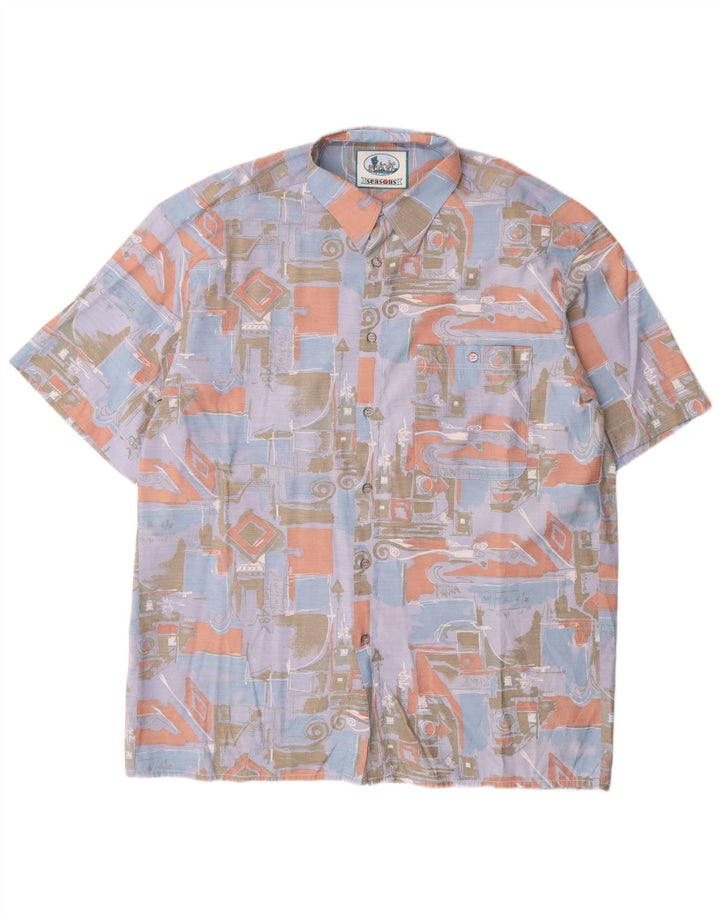 Vintage Mens Abstract Pattern Short Sleeve Shirt Large Blue