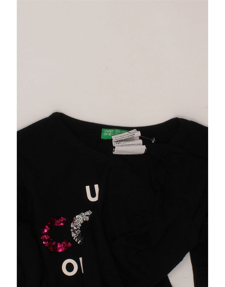 BENETTON Girls Graphic Top Long Sleeve 6-7 Years Small Black Cotton