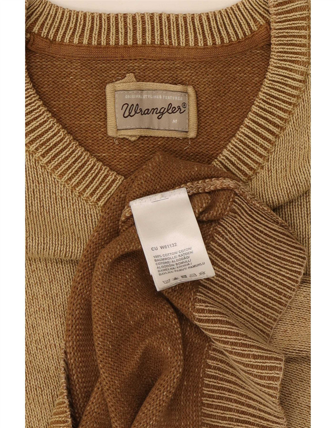 Wrangler Mens V-Neck Jumper Sweater Medium Brown Cotton
