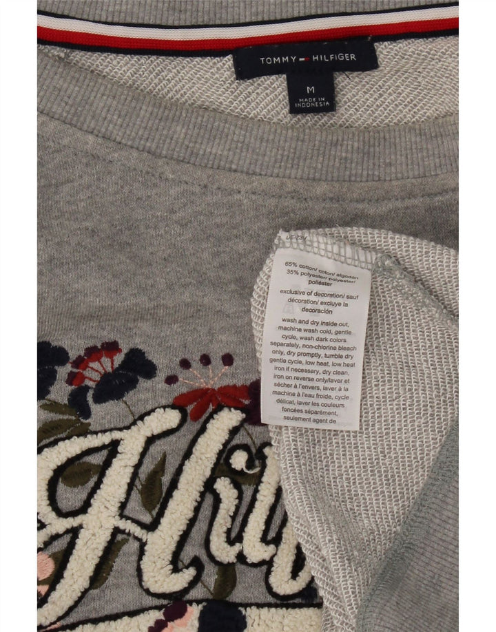 TOMMY HILFIGER Womens Graphic Sweatshirt Jumper UK 14 Medium Grey Floral Vintage Tommy Hilfiger and Second-Hand Tommy Hilfiger from Messina Hembry 