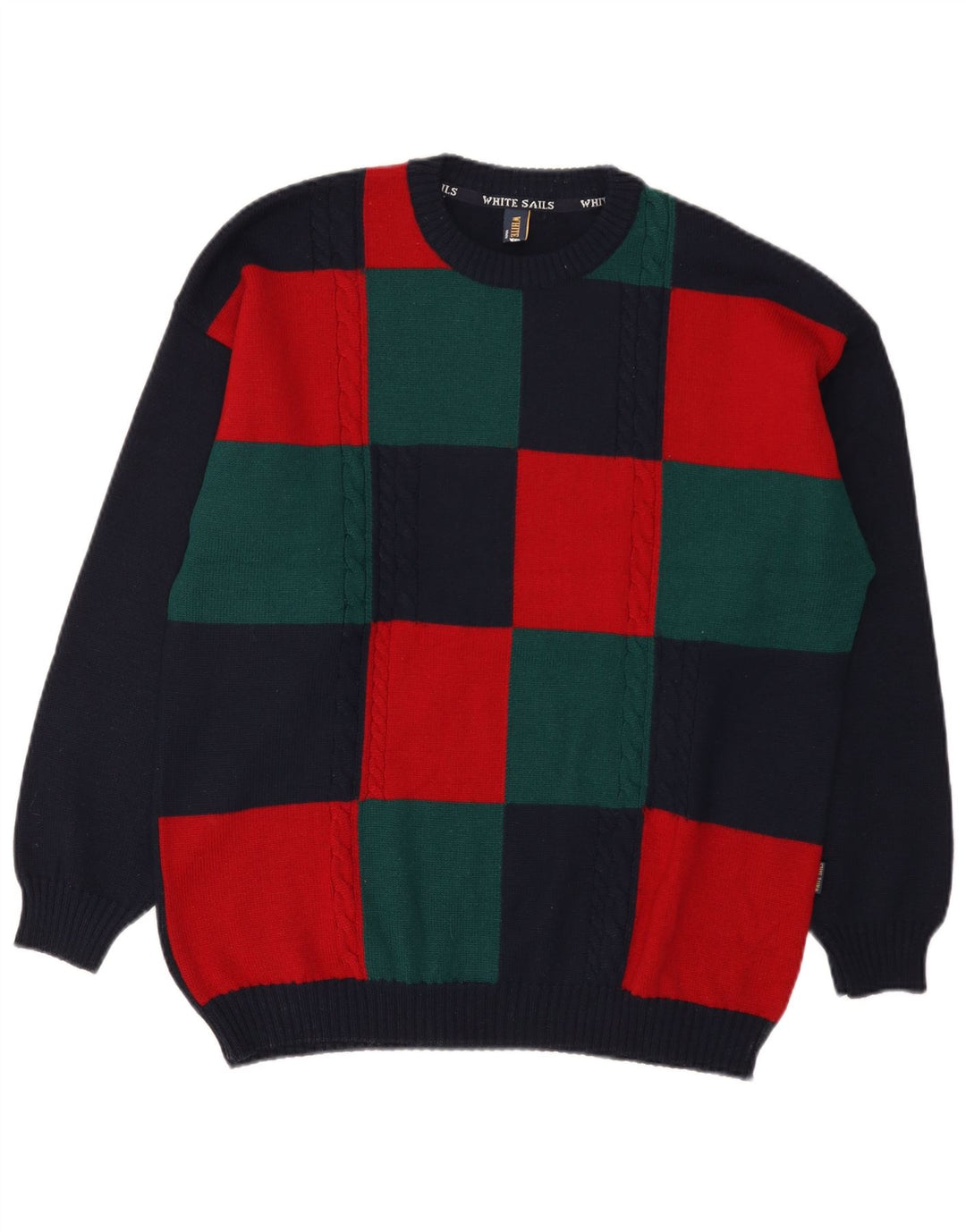 White Sails Mens Crew Neck Jumper Sweater Large Navy Blue Colourblock Wool