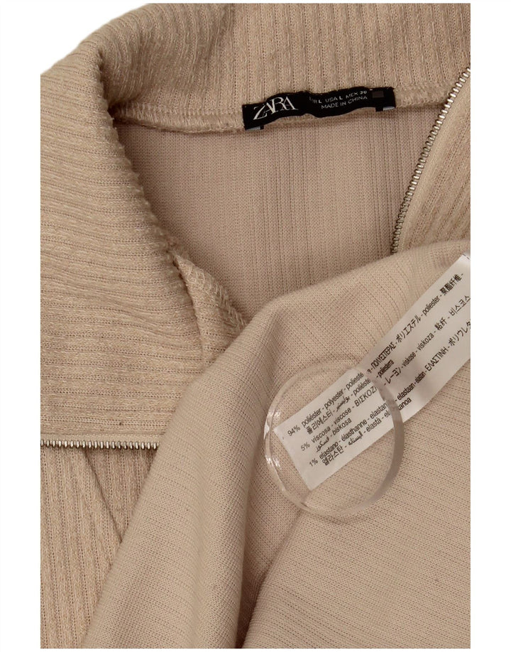 Zara Womens Zip Neck Top Long Sleeve UK 16 Large Beige Polyester