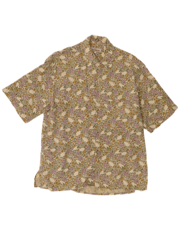 Vintage Mens Short Sleeve Shirt Large Beige Floral Flax