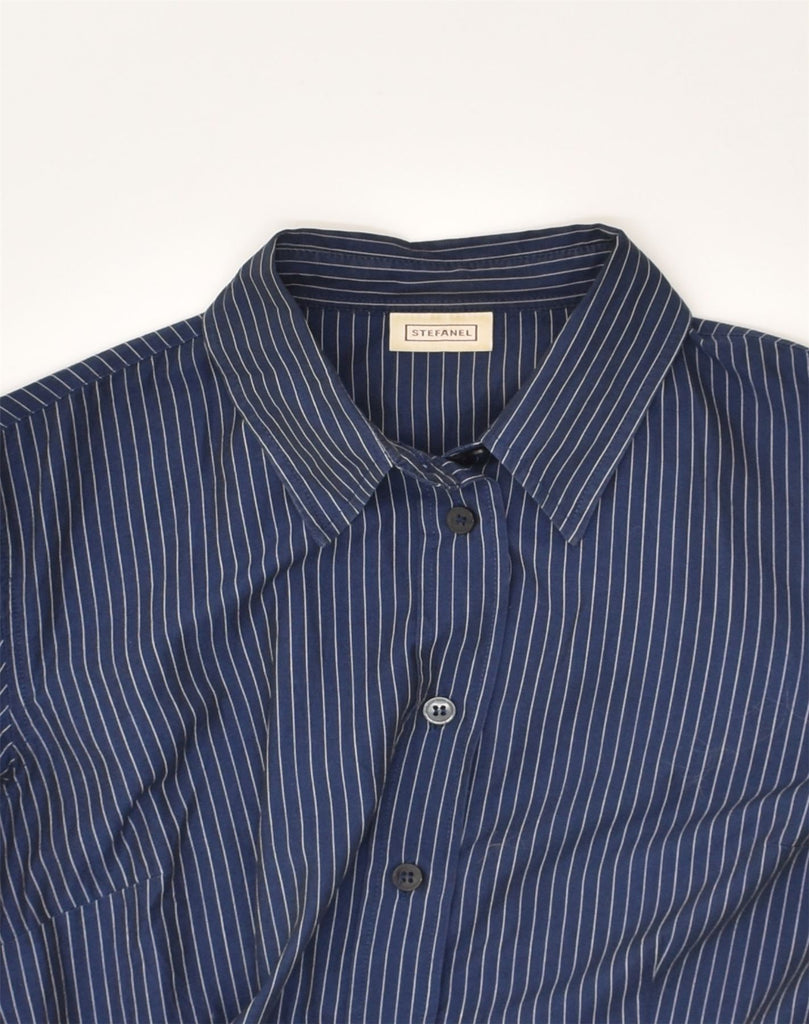 STEFANEL Womens Shirt UK 14 Large Navy Blue Pinstripe Cotton | Vintage Stefanel | Thrift | Second-Hand Stefanel | Used Clothing | Messina Hembry 