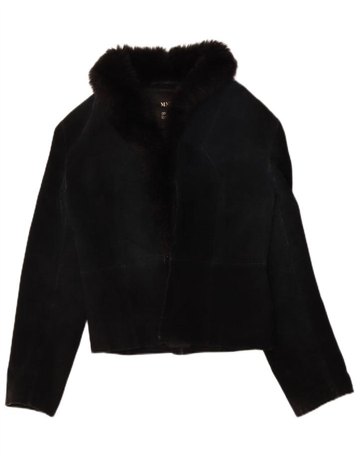 Mango Womens Crop Suede Jacket UK 12 Medium Black Leather