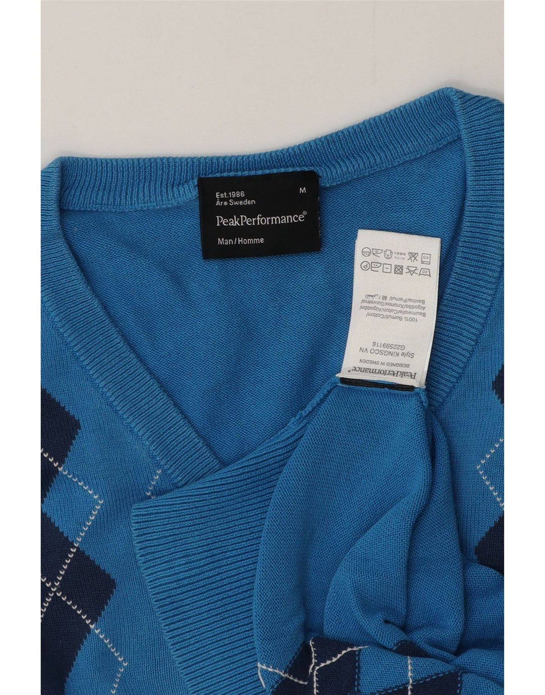 Peak Performance Mens V-Neck Jumper Sweater Medium Blue Argyle/Diamond