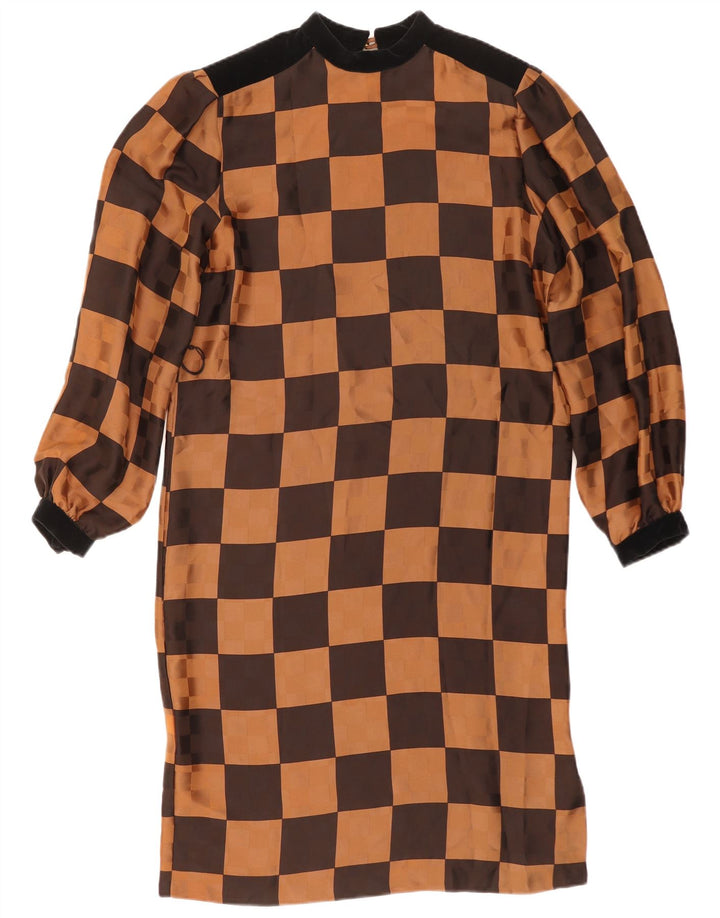 Marika Blu Womens 3/4 Sleeve Shift Dress IT 44 Medium Brown Check Acetate