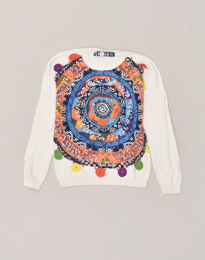 DESIGUAL Girls Graphic Crew Neck Jumper Sweater 9-10 Years White Geometric | Vintage Desigual | Thrift | Second-Hand Desigual | Used Clothing | Messina Hembry 