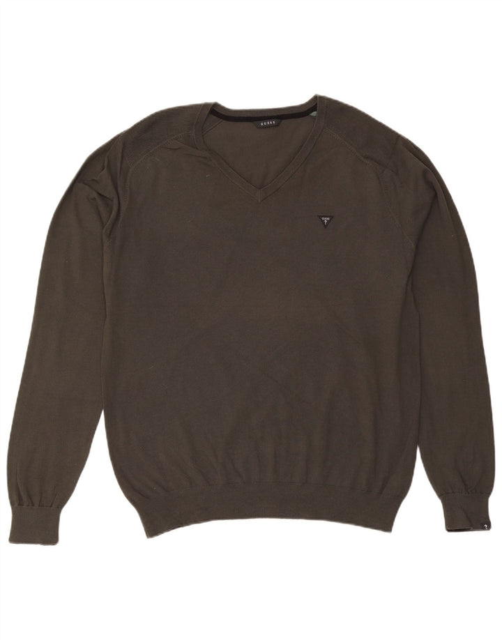 Guess Mens V-Neck Jumper Sweater XL Khaki Cotton