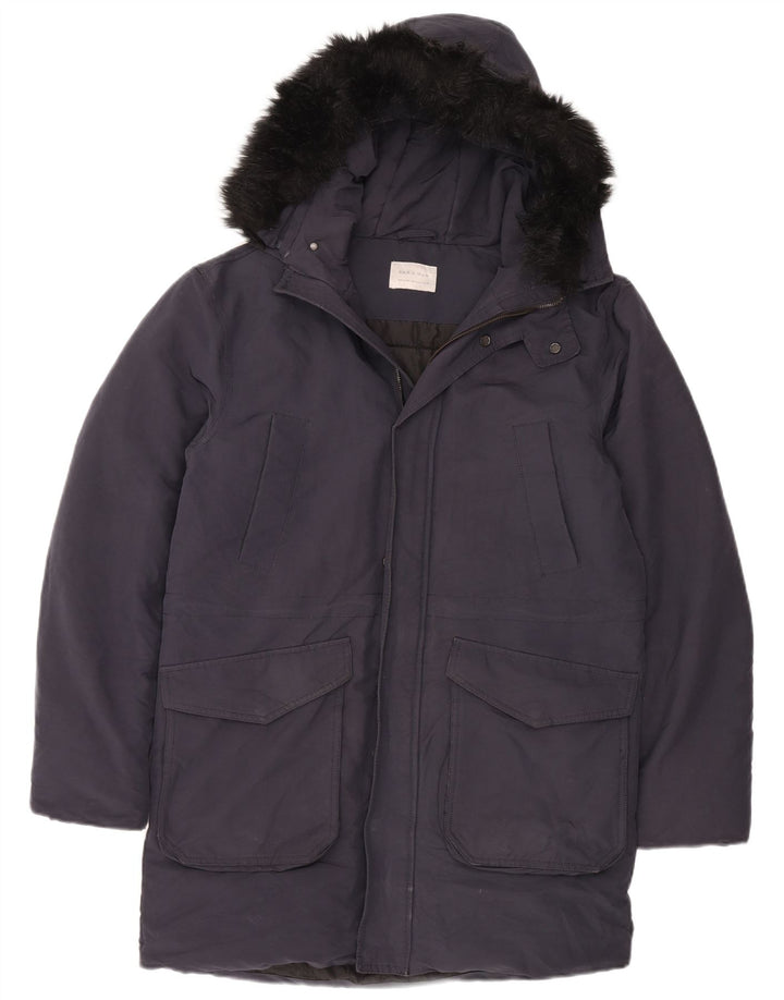 Zara Mens Hooded Padded Coat UK 38 Medium Navy Blue Polyester
