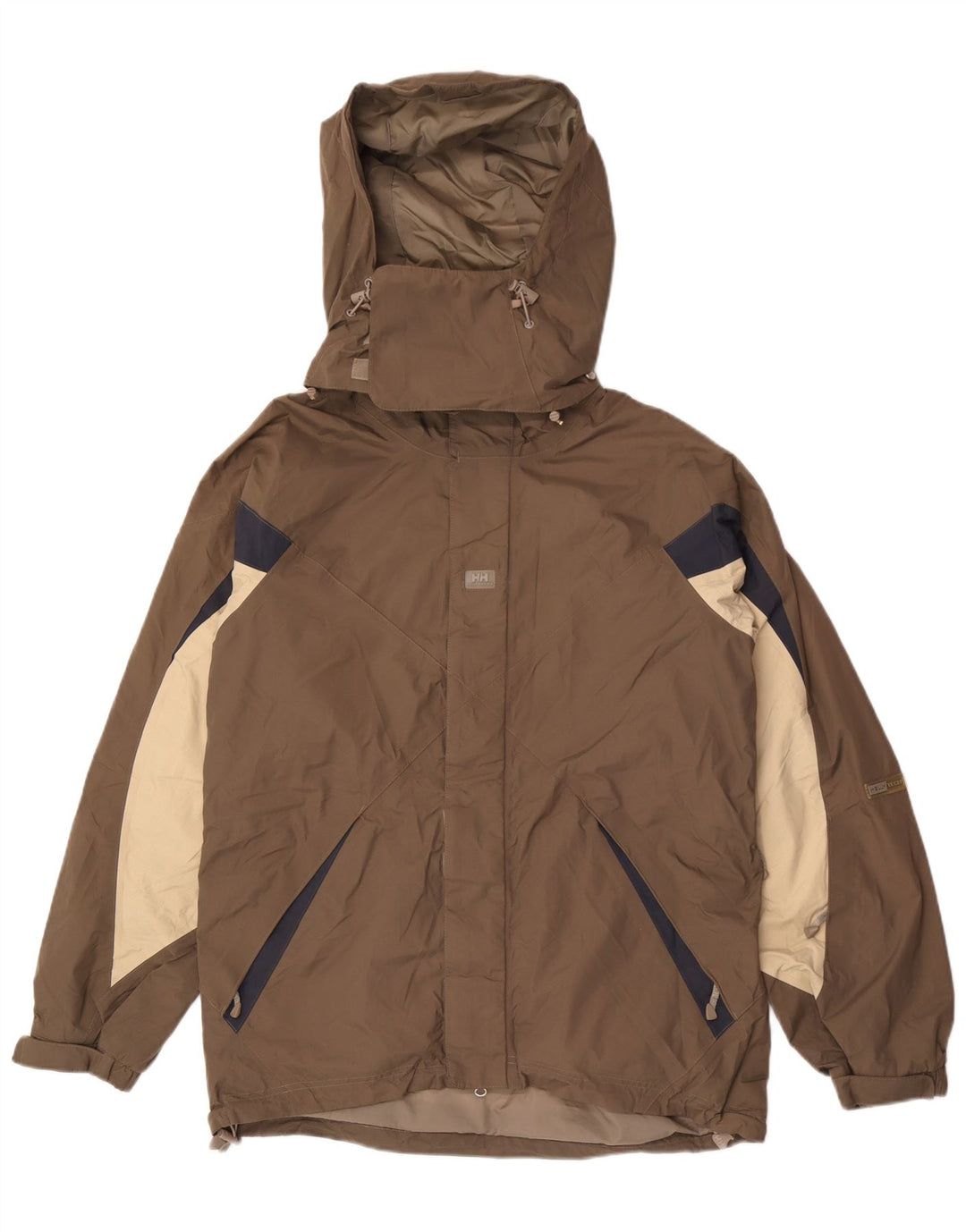 Helly Hansen Mens Hooded Rain Jacket UK 38 Medium Brown Colourblock Nylon