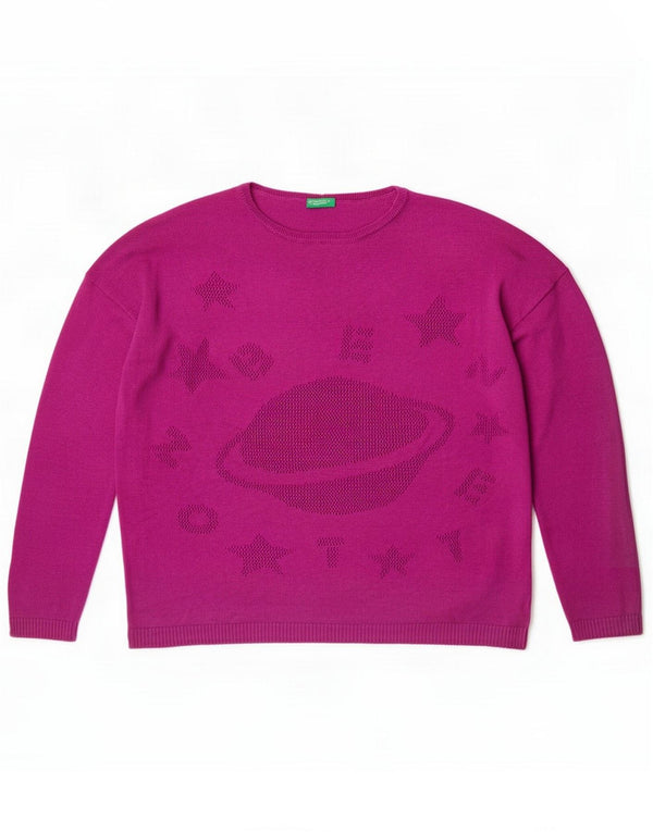 Benetton Girls Graphic Crew Neck Jumper Sweater 10-11 Years XL Purple