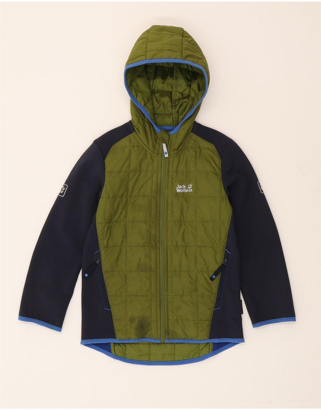 Jack Wolfskin Boys Hooded Padded Jacket 7-8 Years Green Colourblock