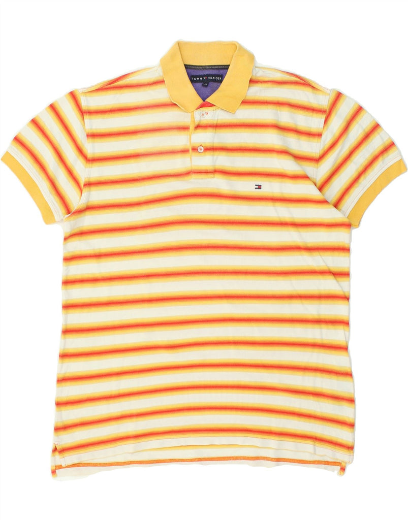 TOMMY HILFIGER Mens Polo Shirt Large Yellow Striped Cotton | Vintage Tommy Hilfiger | Thrift | Second-Hand Tommy Hilfiger | Used Clothing | Messina Hembry 