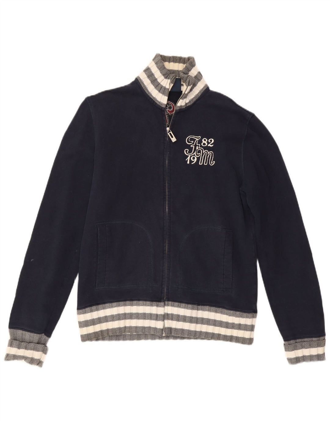 Fred Mello Mens Graphic Cardigan Sweater Medium Navy Blue Colourblock