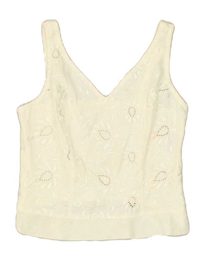 VINTAGE Womens Crop Vest Top IT 46 Large Off White Floral Linen | Vintage Vintage | Thrift | Second-Hand Vintage | Used Clothing | Messina Hembry 