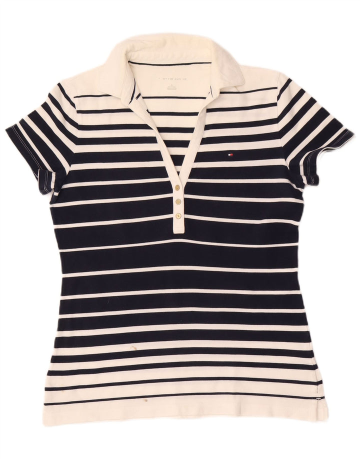 Tommy Hilfiger Womens Polo Shirt UK 14 Medium Navy Blue Striped