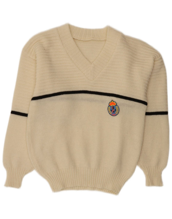 Vintage Womens V-Neck Jumper Sweater UK 16 Large Off White Striped
