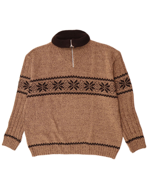 Camargue Mens Zip Neck Jumper Sweater XL Brown Fair Isle Wool