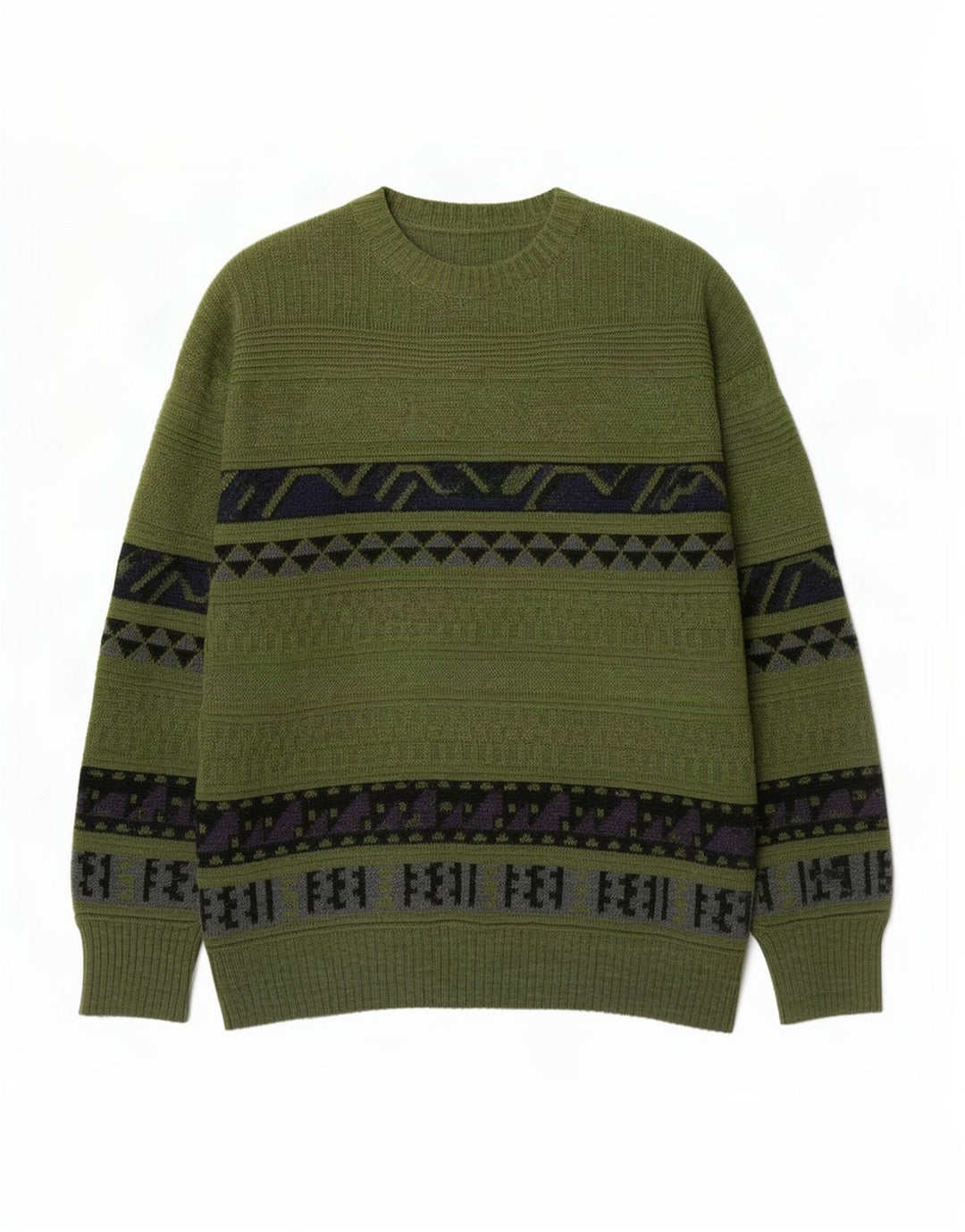 Vintage Mens Crew Neck Jumper Sweater Medium Green Geometric