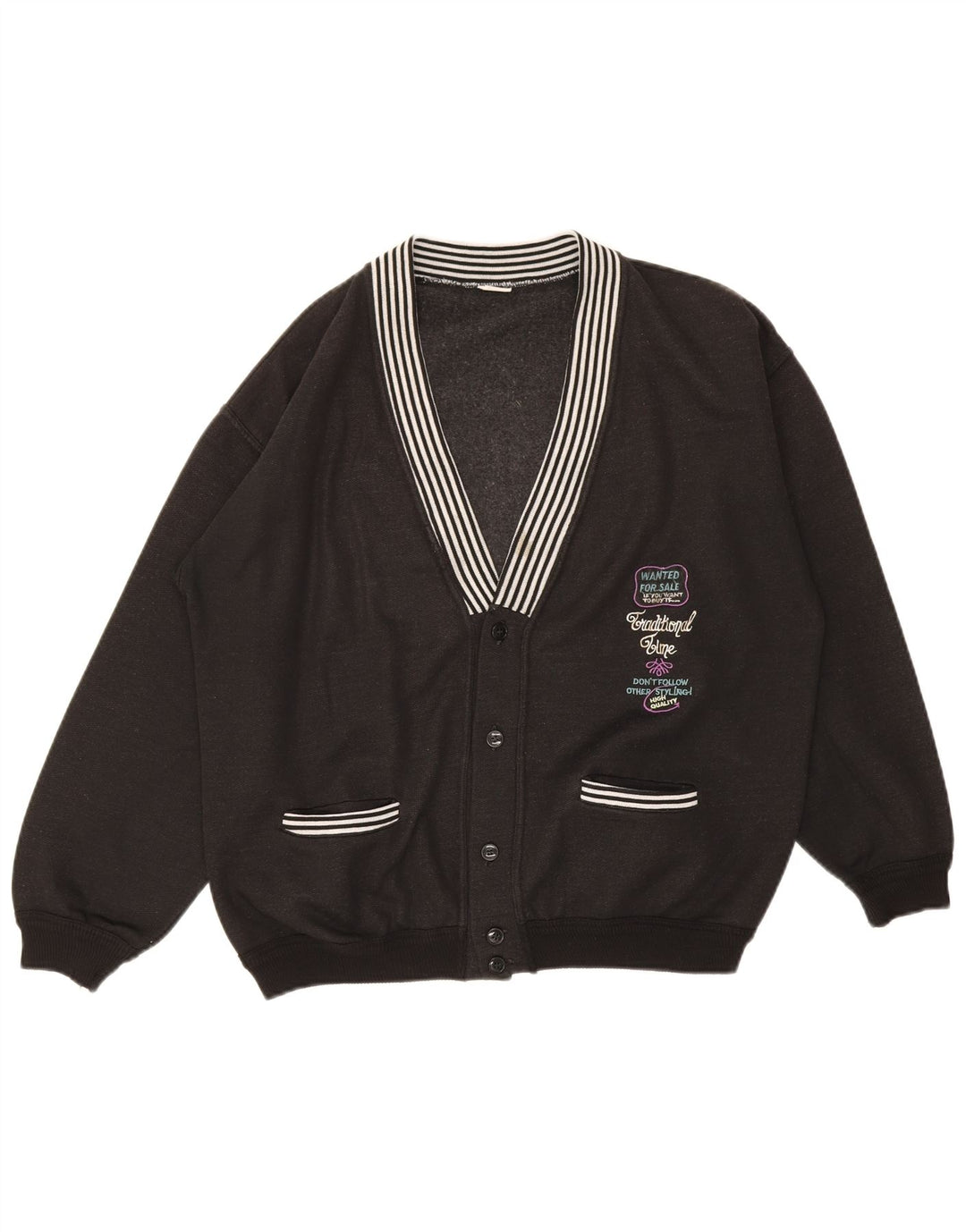 Vintage Mens Graphic Cardigan Sweater Medium Black
