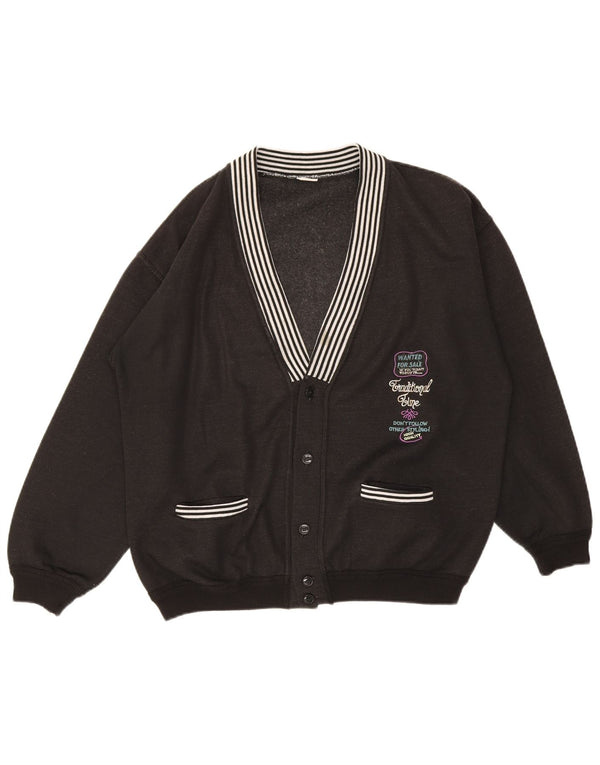 Vintage Mens Graphic Cardigan Sweater Medium Black