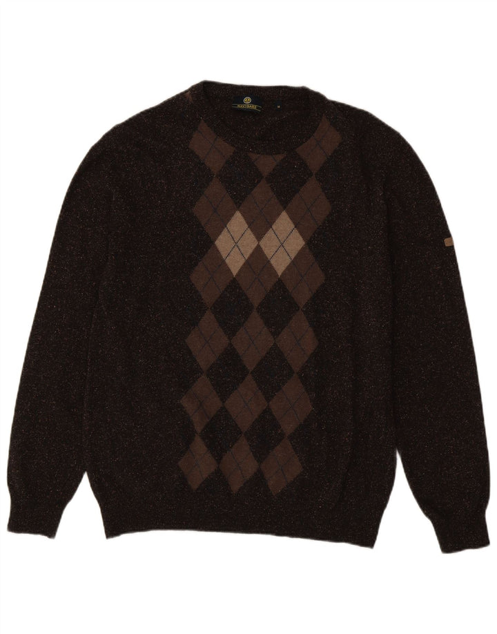 Navigare Mens Crew Neck Jumper Sweater Medium Brown Argyle/Diamond Wool