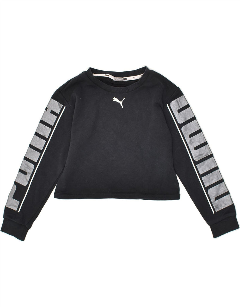 PUMA Girls Graphic Crop Sweatshirt Jumper 9-10 Years Black Vintage Puma and Second-Hand Puma from Messina Hembry 