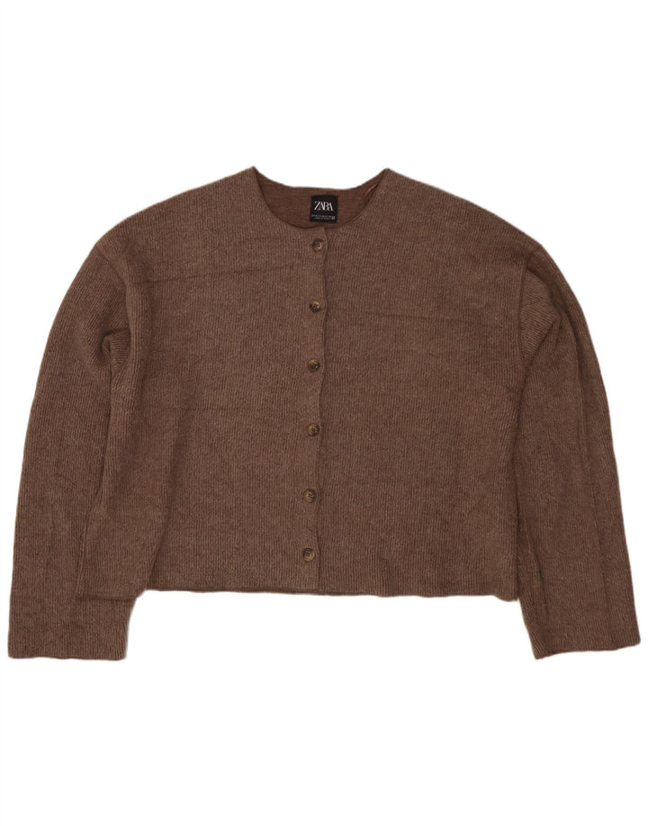 Zara Womens Crop Cardigan Sweater UK 18 XL Brown Polyester